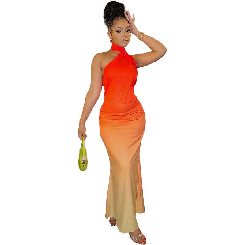 

M6028 Fashion 2024 Summer Sexy Sexy Wind Halterneck Shoulder Gradient Handbag Hip Backless Dress Orange S