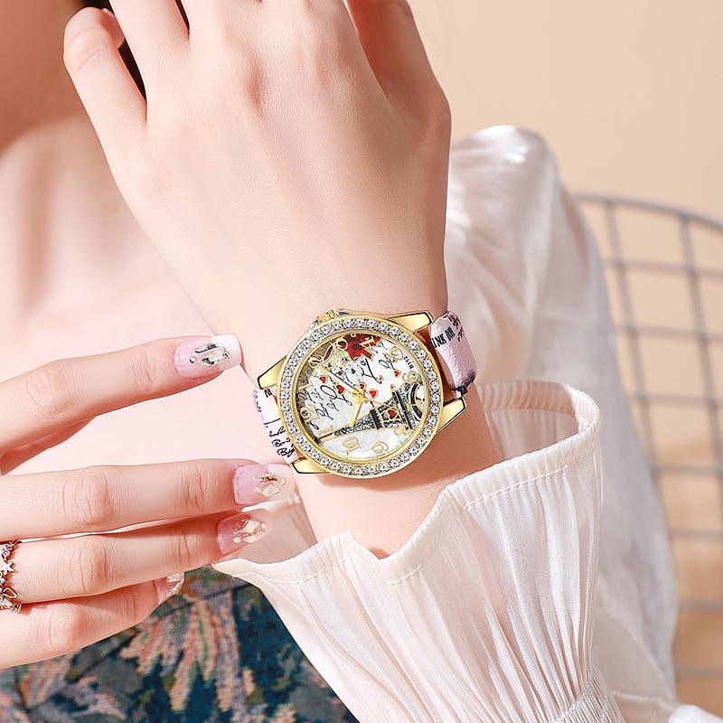 Fashion Rhinestone Women's Watch Flowers Printed Leather Band Female Quartz Watches