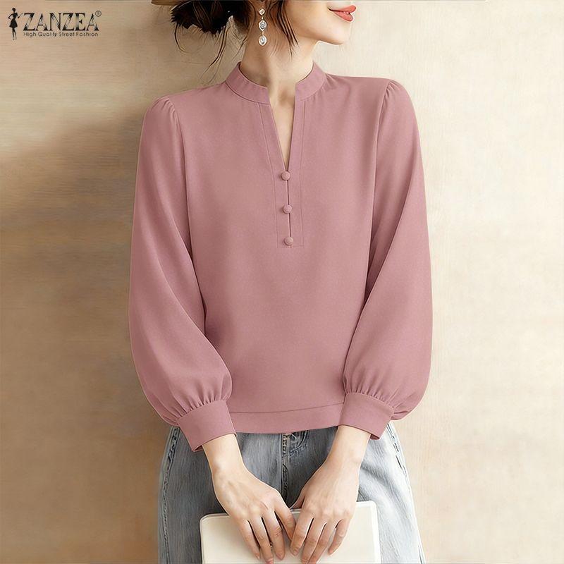 ZANZEA Damska luźna bluzka z dekoltem w serek i jednolitym kolorem, z rękawami 3/4