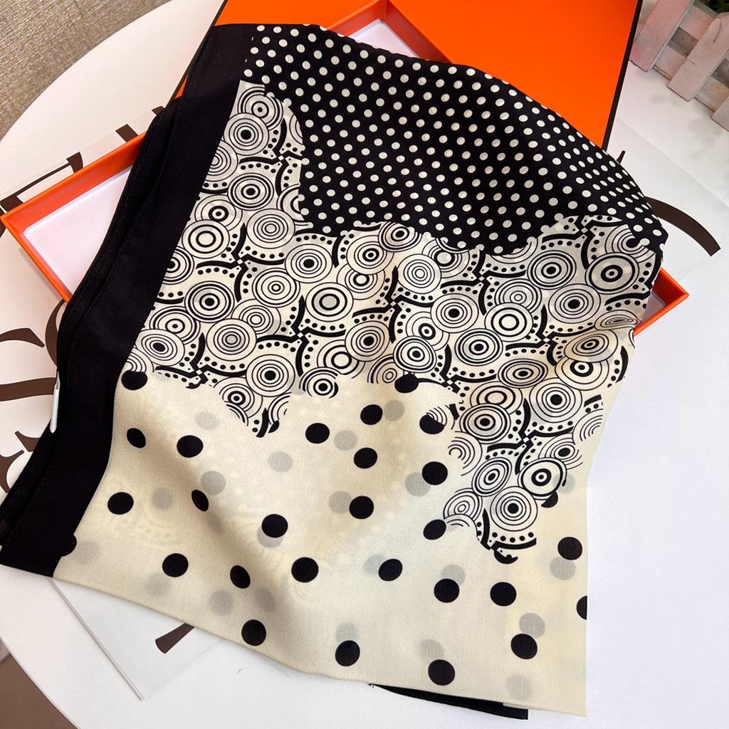 [Black Rice Polka Dots] Simple Mulberry Silk Double Crepe Strip Scarf Ribbon Scarf Silk Scarf Women