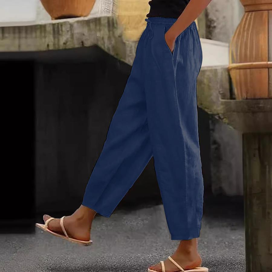Spring Autumn New Women's Cotton Linen Solid Color Fashion Casual Loose Side Pocket Elastic Pants for Women