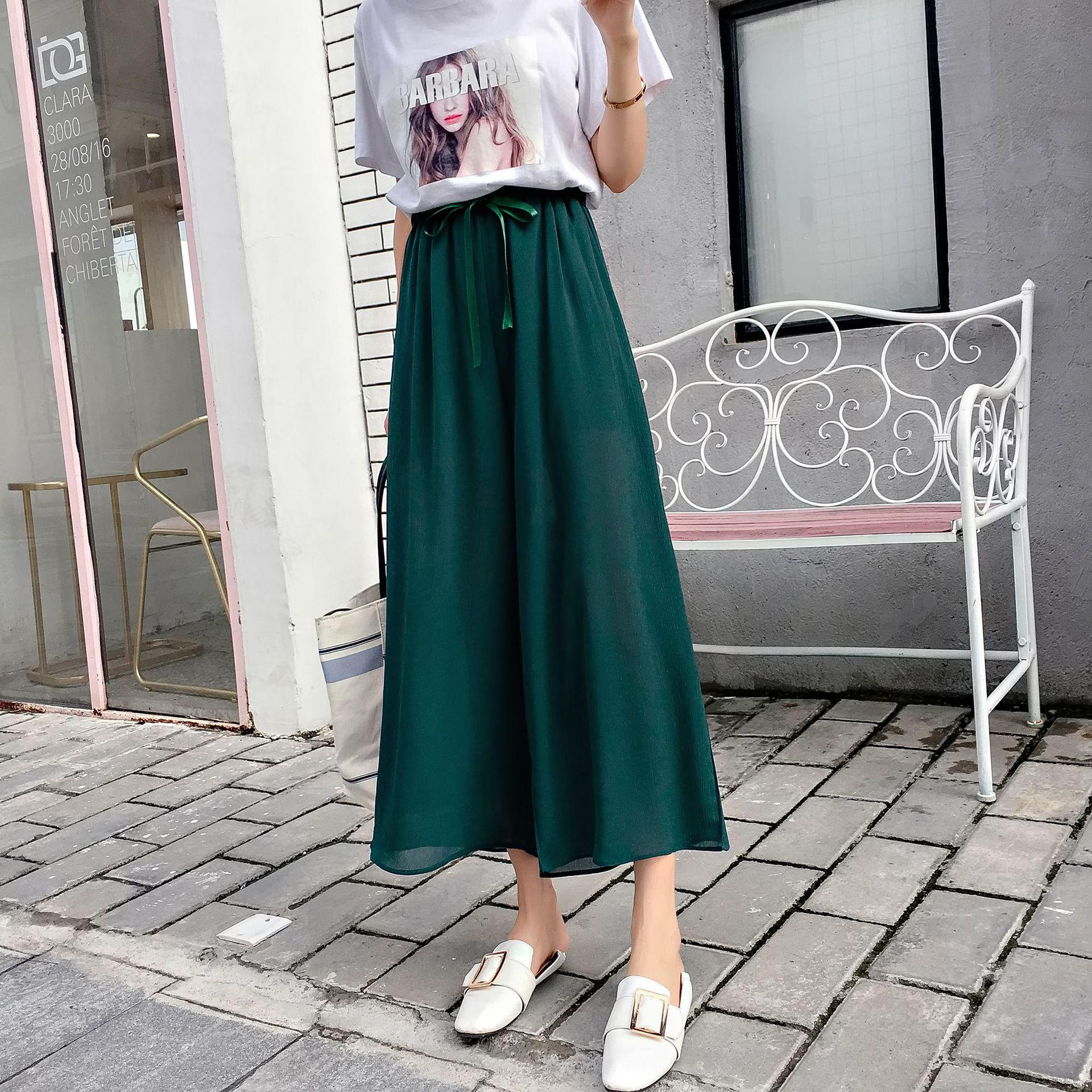 

Весенне-летние шифоновые кюлоты большого размера с широкими штанинами для женщин - Повседневный и свободный крой 5XL темно-зеленого