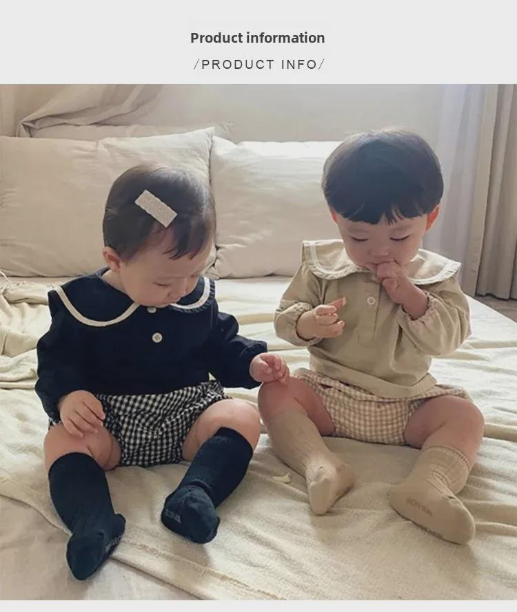 2024 Autumn Korean Navy Plaid Top & Shorts Set for Boys and Girls