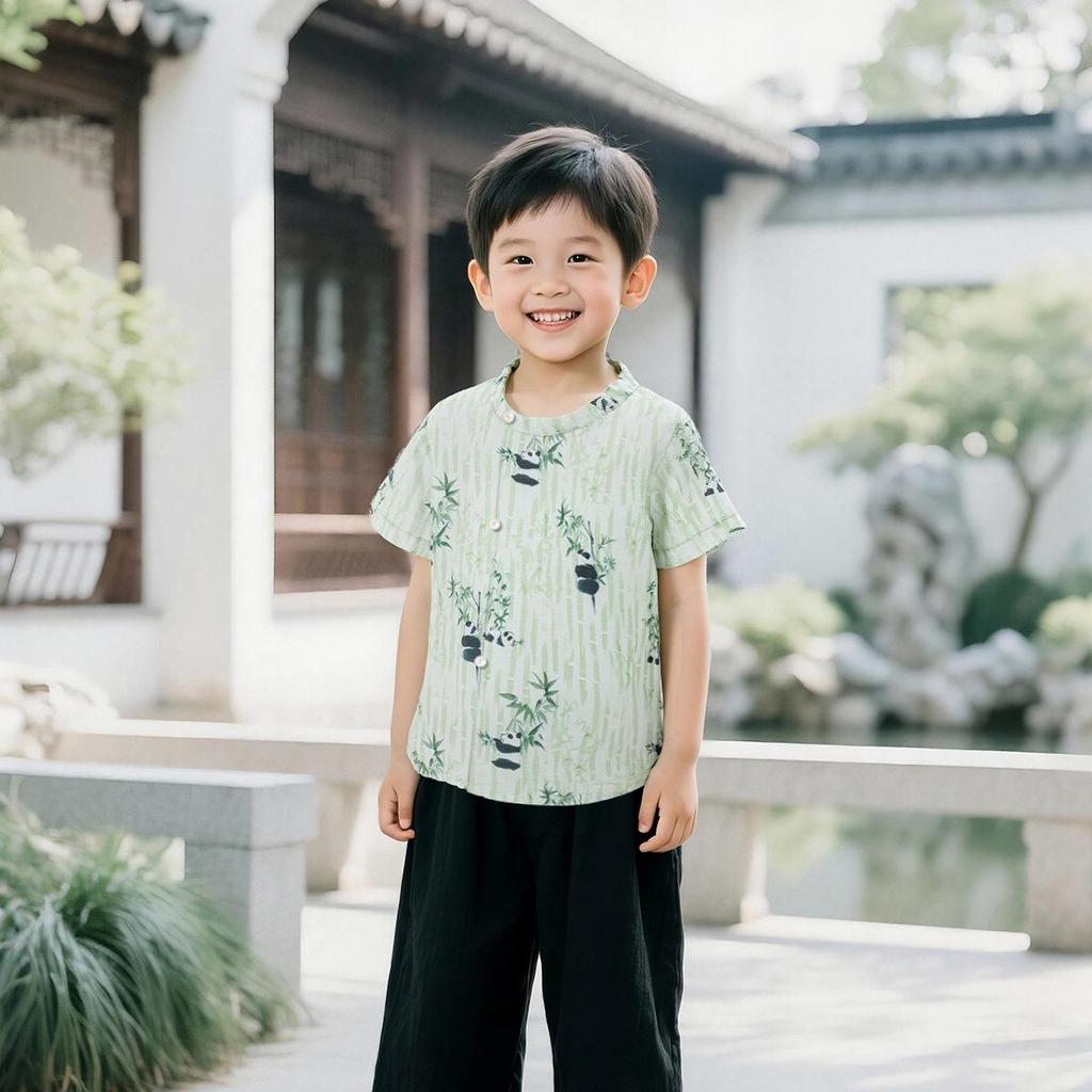 Trendy Summer Retro Chinese Stand-Collar Shirt with Frog Button Print for Boys