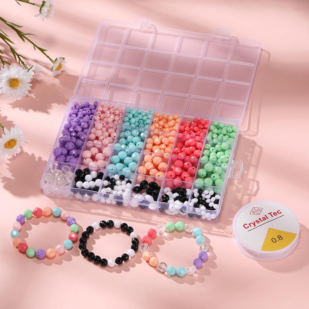 812 Stück/Karton 6/8/10mm Acryl Runde Facettierte Perlen Kits mit 0,8mm Elastischem Band für DIY Armband Halskette Schmuckherstellung Zubehör