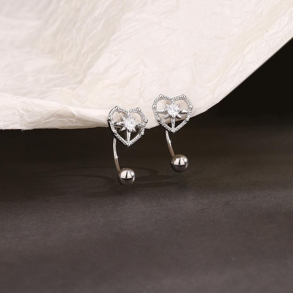 S925 Plated Silver Earrings Eight Star Screw Ear Nails Exquisite Heart-shaped Ear Hook Hollow-out Rice Word Love Zircon Earrings Female