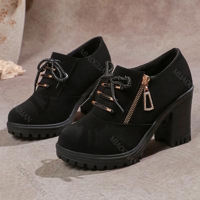 Spring Autumn New Round Toe Thick High Heel Lace Up Women's Ankle Boots Casual Black Suede Thick Soled Side Zipper Short Botines