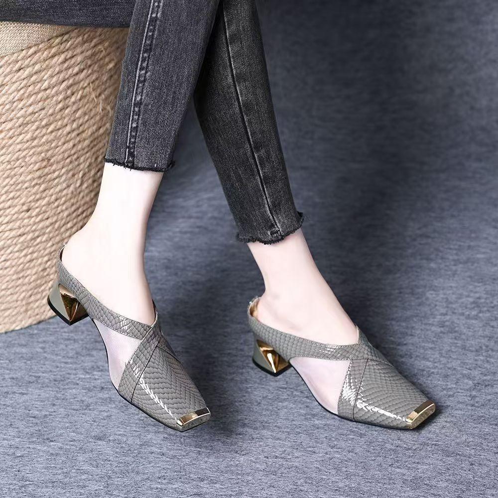 2025 summer French metal pointed middle heel half slippers women wear new commuter bag head sandals thick heel high heels