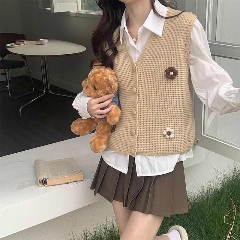 3D výšivka květinový vzor Jednořadá pletená tílko bez rukávů kroucená vesta