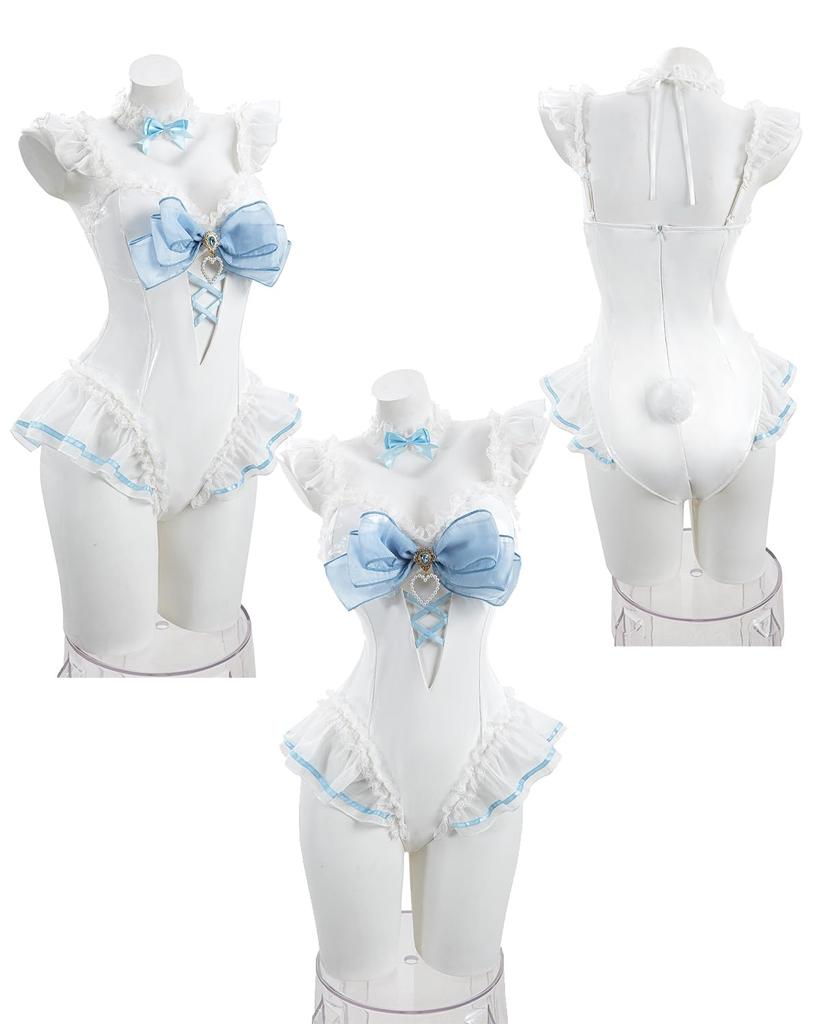 White and Blue Bunny Girl Cosplay Bodysuit with Bunny and Lace Cute for Photo and Halloween and Blue Ribbon Bunny Size [Excellent Quality] Ribbon,