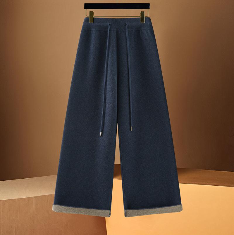 

Autumn/Winter 100% Wool Women s Wide-Leg Knit Pants - Thick, Warm, and Versatile M