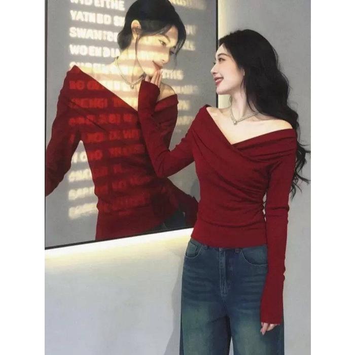 

Threaded Velvet Cross One-Shoulder Long Sleeve Women s Autumn/Winter T-shirt Small красный