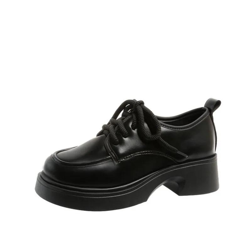 Solid Leather Oxford Shoes for Women Fashion Lace Up Women Shoes Square Mid Heels Platform Shoes Zapatos De Mujer