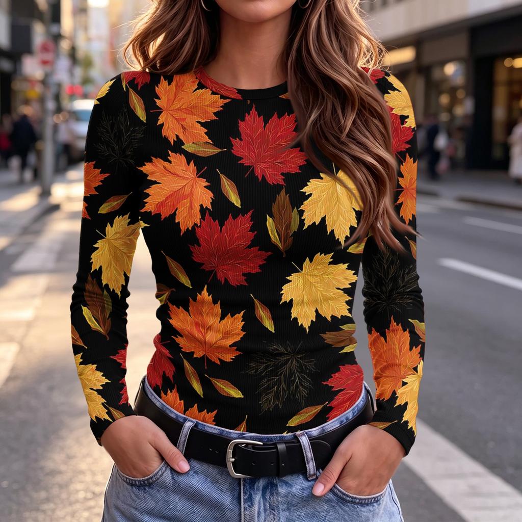 Women's Slim Fit Long Sleeve T-Shirt with Maple Leaf Print Crewneck Casual Top for Fall and Winter