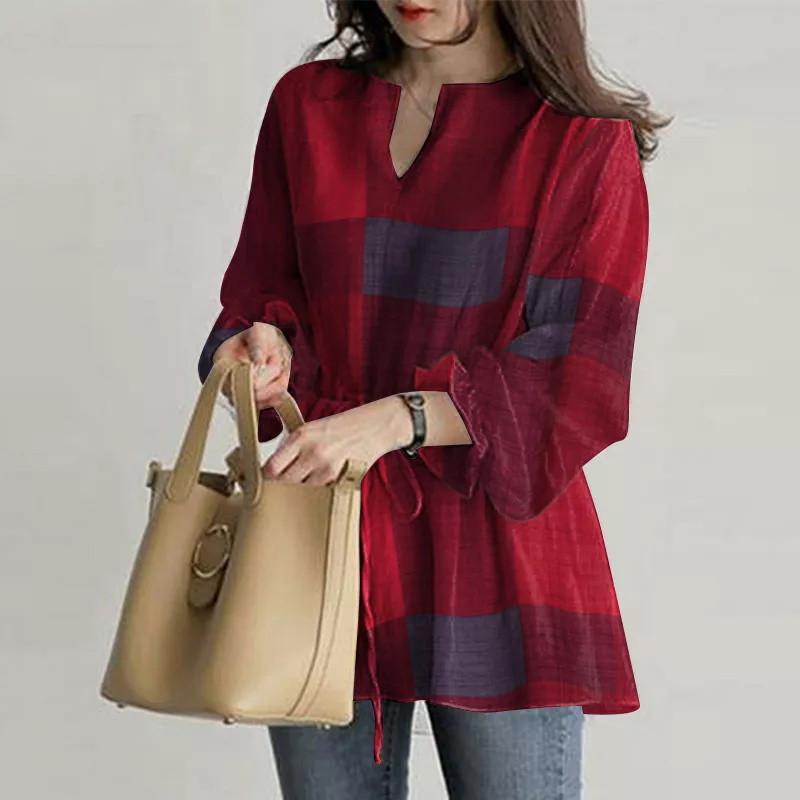 Women's Summer Short Sleeve V Neck Loose Short Sleeve Plaid Printed Casual Short Sleeve