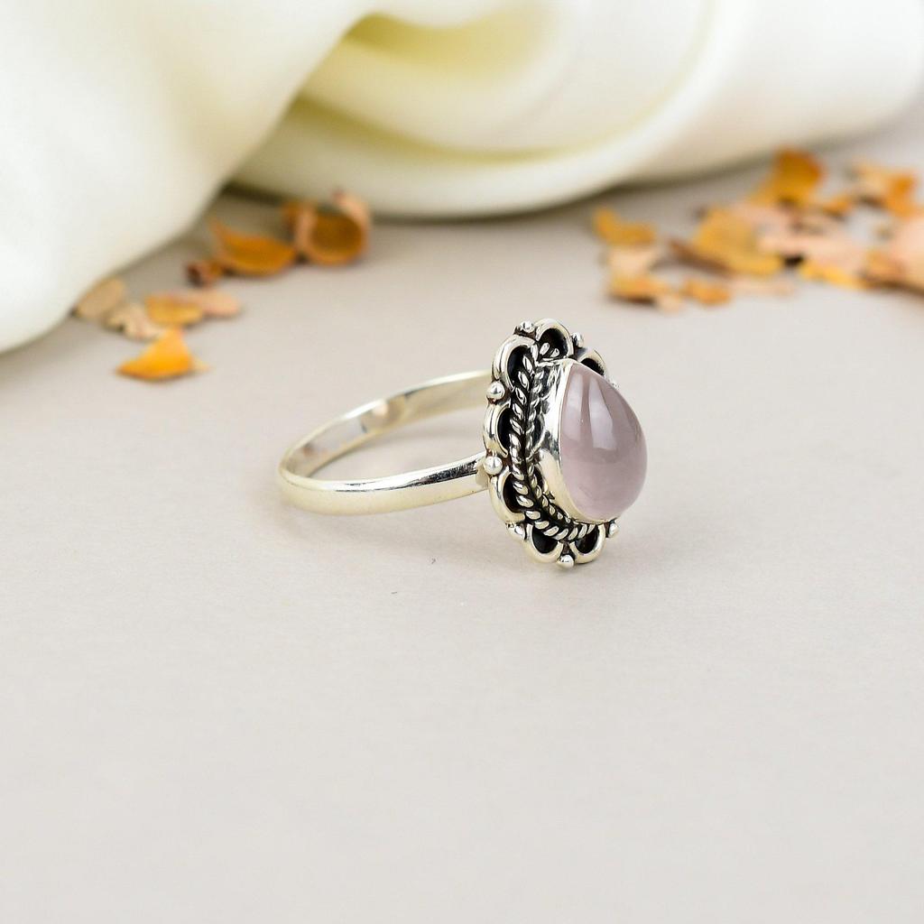 925 Sterling Silver Rose Quartz Gemstone Pear Shape Boho Ring For Women