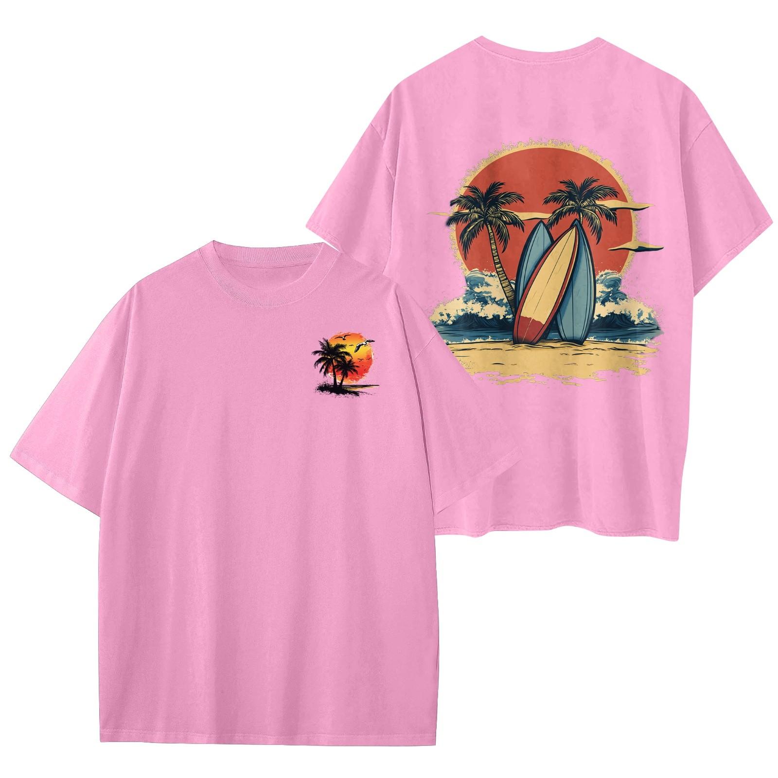 

Женский круглый вырез модный свободный гавайский принт короткие рукава M розовый