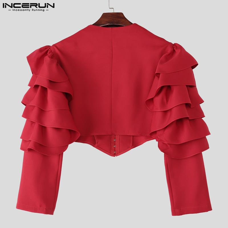 INCERUN Men V Neck Ruffled Long Sleeve Irregular Party Blazer Short Coats