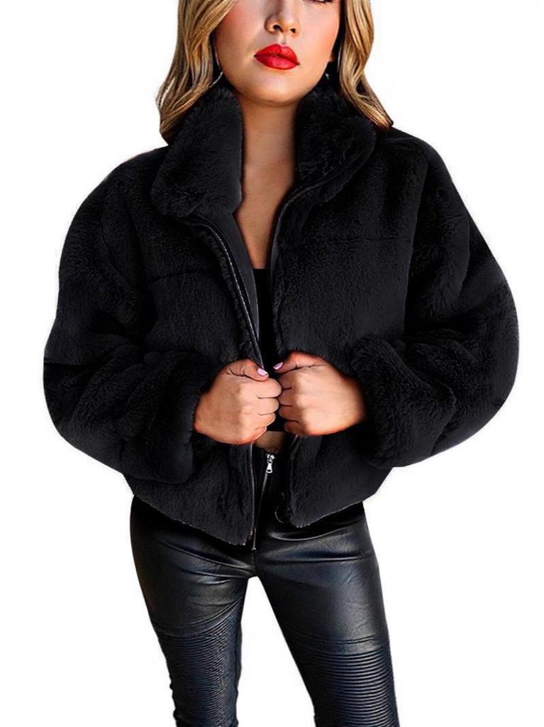 2025 European & American Women's Plush Faux Fur Zipper Cardigan Coat for Autumn & Winter