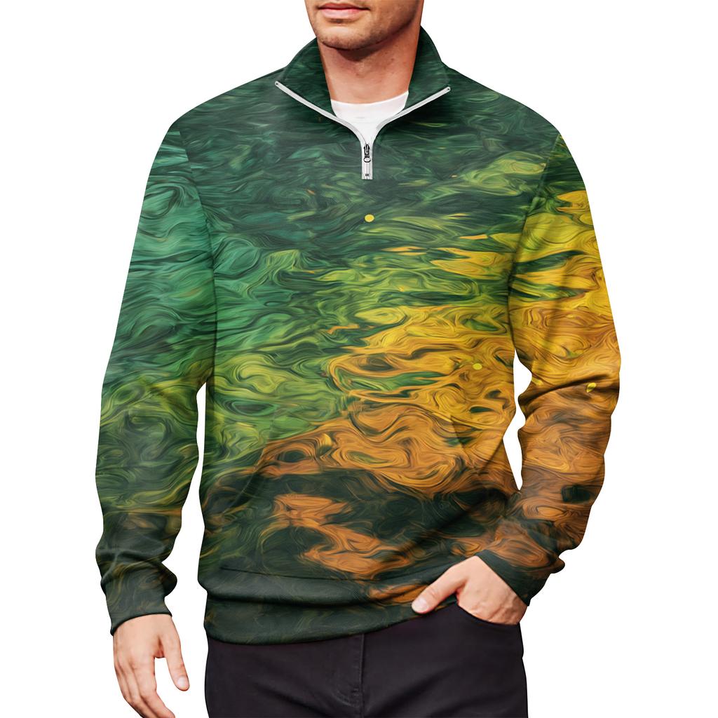 Men's Loose Casual 1/4 Zip Sweatshirt Fashion Printed Long Sleeve Top With Pockets