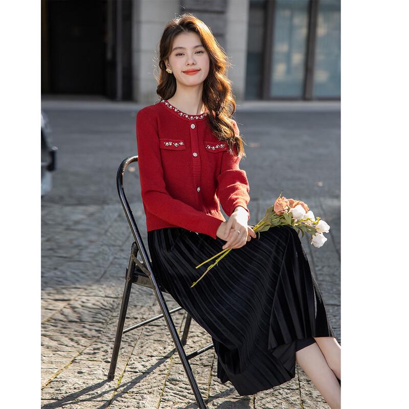 

MOKANA Women s Little Fragrance Style Faux Two-Piece Long-Sleeve Midi Knit Dress One Size