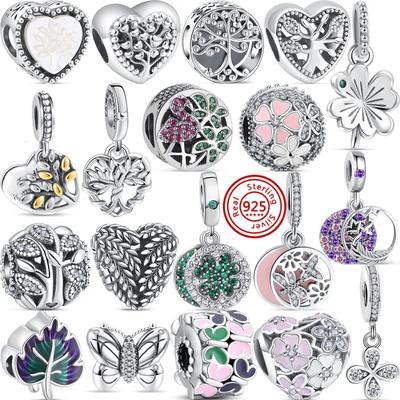 S925 Silver Ihåligt Träd Hänge Fjärilsblad Pärlor Säkerhetskedja Passar Original Berlockarmband Dam Mode DIY Smycken