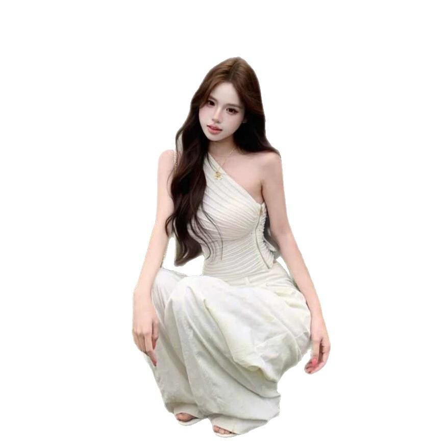 Irregular pink slanted shoulder knitted sling vest women's summer pure desire one-word shoulder tube top Thai beauty