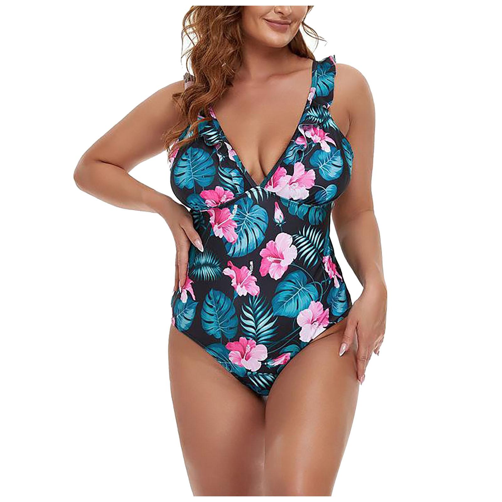 

Slim Summer Fashion Printed Suspender With Fly Edge One-Piece Large Swimsuit Female Bikini XXXL зелений