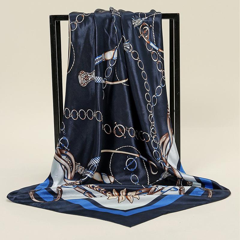 Luxury 90*90CM Vintage Chain Print Shawls Fashion Beach Sunscreen Scarves Kerchief Square Bandannas Satin Headscarves