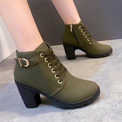 Botas femininas de salto grosso com fivela, moda fashion, couro sintético, cadarço, salto alto, botas femininas, outono 2024, plataforma curta, tamanho grande