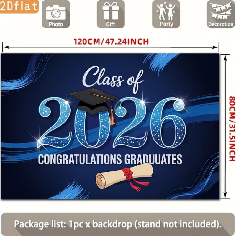 Blue Class of 2026 Graduation Backdrop, "Congratulations Graduates" with Cap and Diploma for Celebration