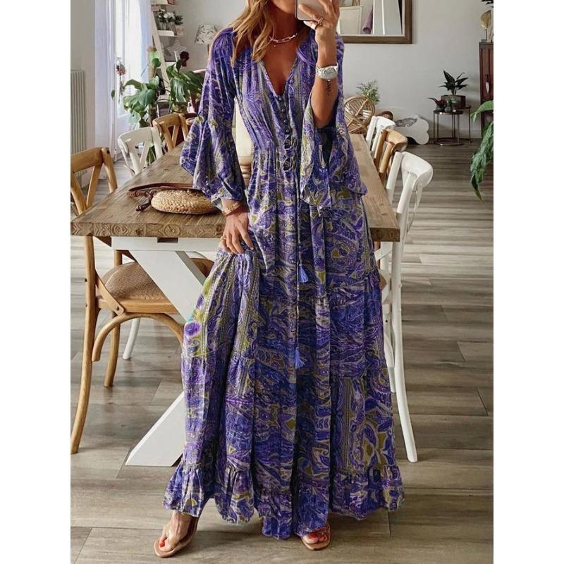 Abito Bohemian da Donna Estate Manica a Svaso Stampa Floreale Scollo a V Ampio Abiti da Donna Elegante Linea ad A Vita Alta Abito da Donna per Vacanze al Mare