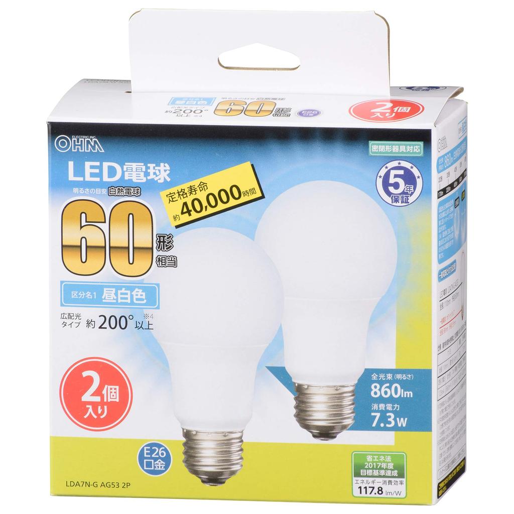 LED bulb E26 60 type equivalent wide light distribution daylight white 2 piecesLDA7N-G AG53 2P 06-3300