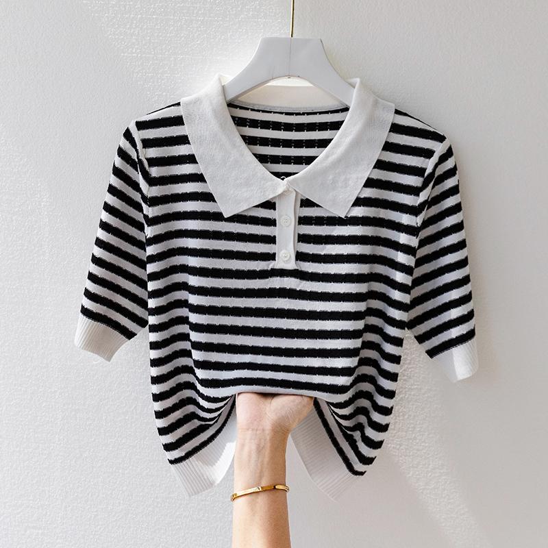 

Женский свитер с рукавом до середины плеча из ледяного шелка, летний, высококлассный, полосатый, с отложным воротником, модный, высококлассный, футболка-поло, топ S белый