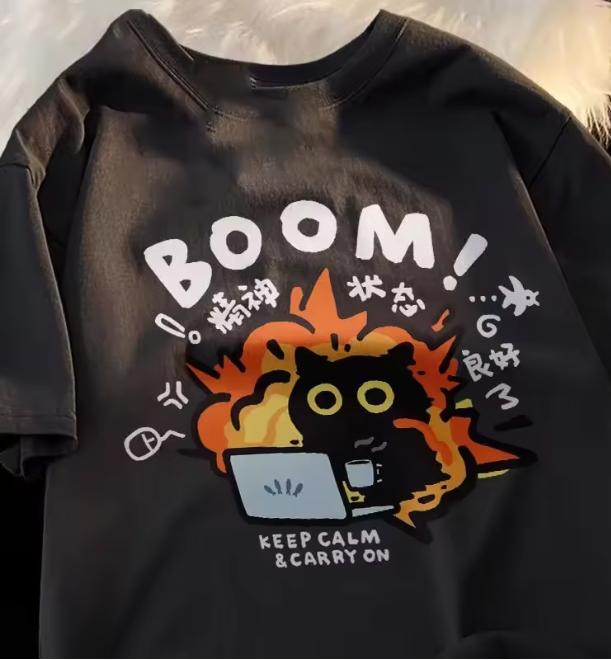High Quality Kawaii Good Unisextal State Cat Short Sleeved Tshirt Unisex Unisex Tee Clothes Loose Casual Cartoon Oversized Top Y2k S