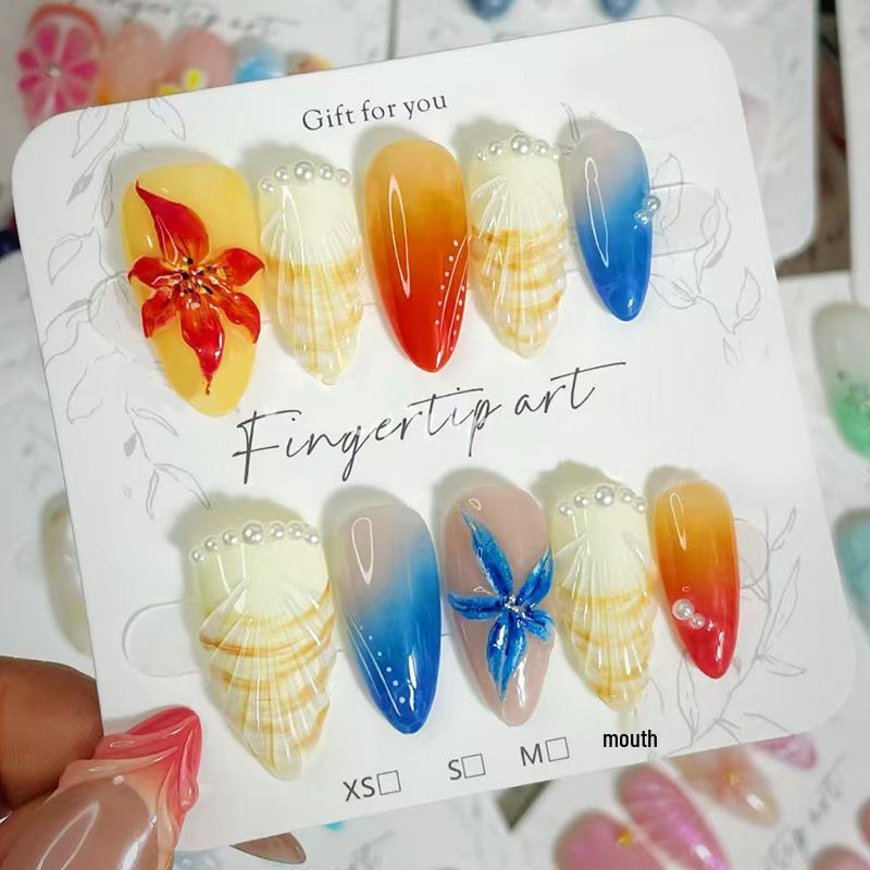 

High-End Beach Sunset Shell Nail Art - Hand-Painted Jacquard Summer Nails