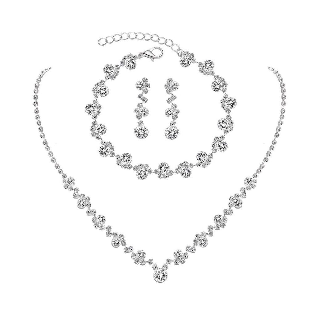 Women's Prom Earrings Necklace Bracelet Set Elegant Crystal Bridal Wedding Costume Jewelry Bridesmaids Gift