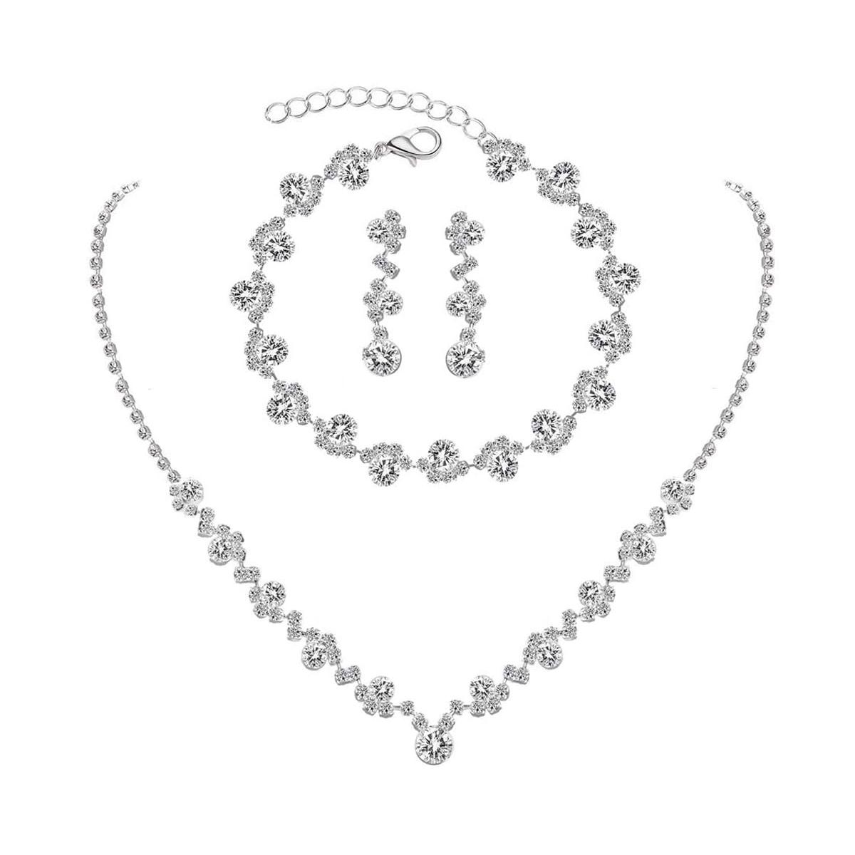 

Women s Prom Earrings Necklace Bracelet Set Elegant Crystal Bridal Wedding Costume Jewelry Bridesmaids Gift