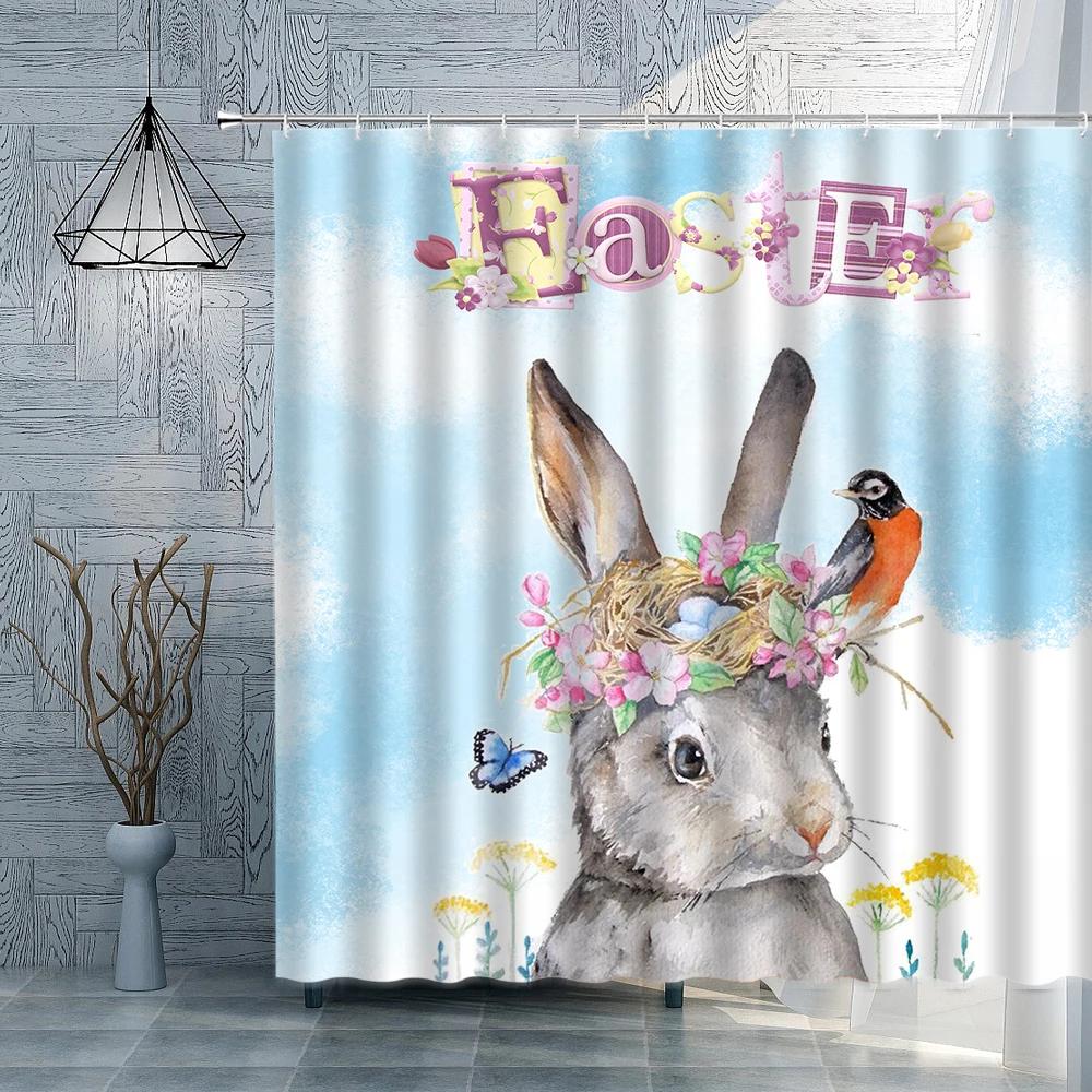 Funny Bunny Easter Shower Curtain Rabbit Colorful Egg Flower Wood Striped Backdrop Bathroom Decor Washable Fabric Hooks Curtains