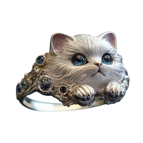 

Finger Ring Hand-Engraved Cat Decor Women Men Ring with Rhinestone Inlay Smooth Modern Finish Animal Ring Jewelry Gift
