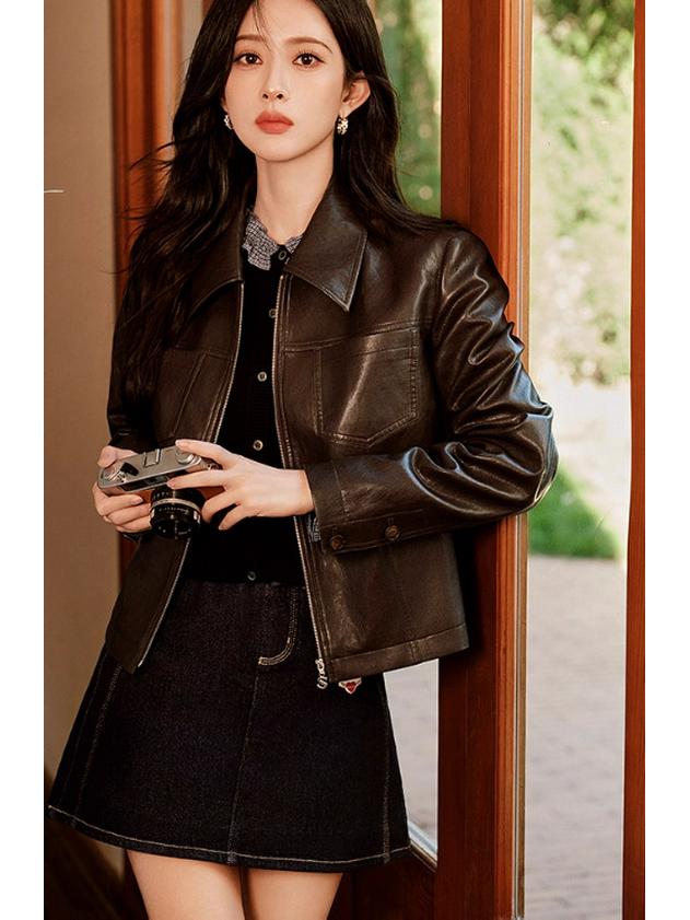 

2025 Осенняя приталенная кожаная куртка с лацканами - Милое и крутое короткое пальто S темно-коричневого