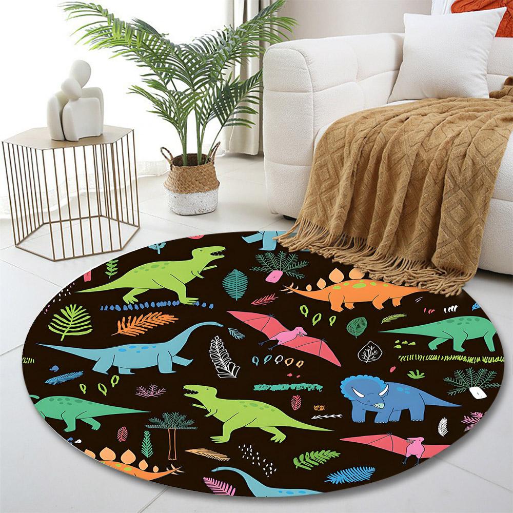Colorful Dinosaurs and Plants Pattern Print Round Rug, Living Room, Bedroom, Playroom Carpet, Non Slip Floor Mat, Gift