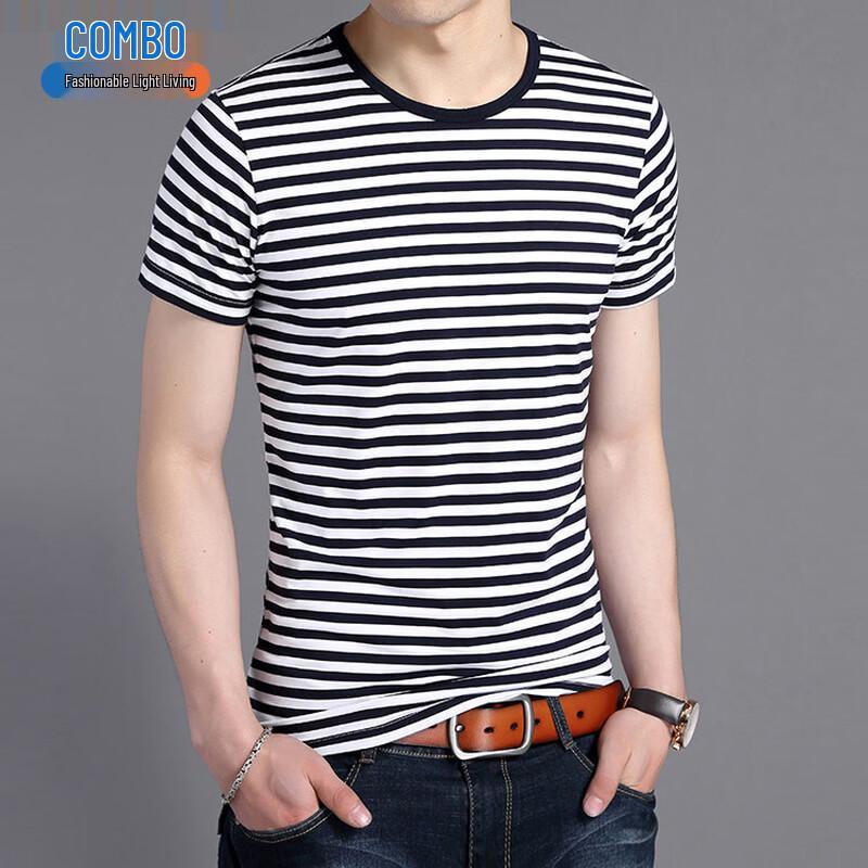 Kangbo Men s Mercerized Cotton Blend Striped Crew Neck T-Shirt 3XL