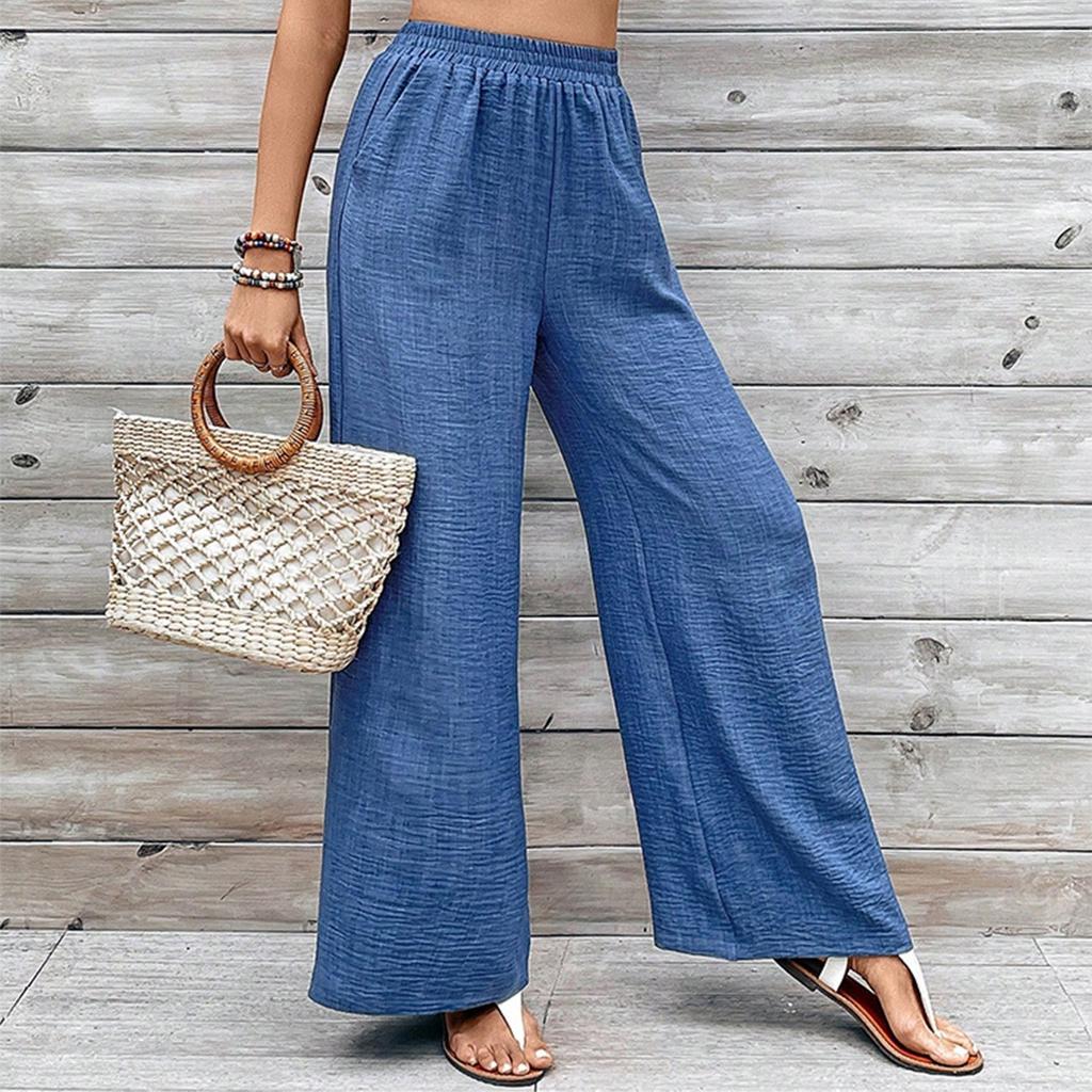 Ladies' Fashion Elastic Waist Casual Solid Color Texture Wide Leg Pants Low Waist Pants