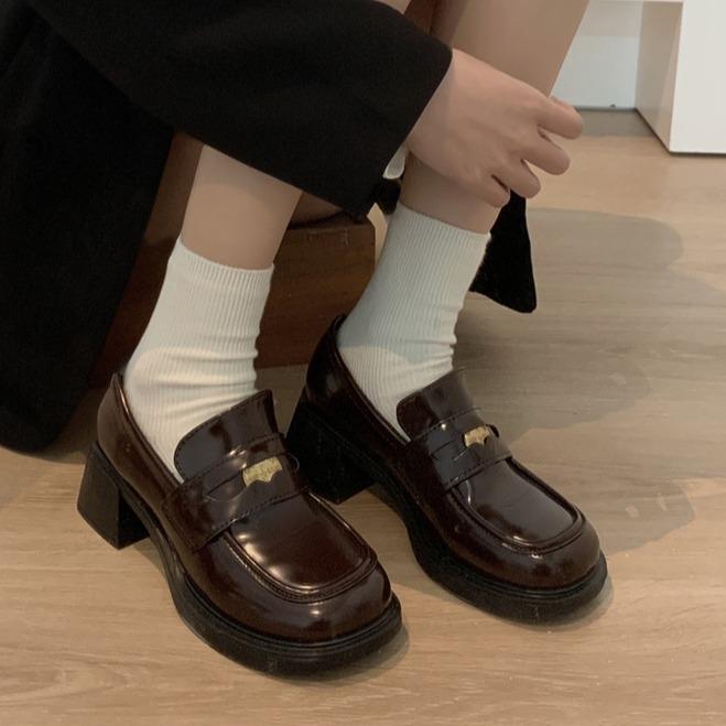 Fashion versatile brown women's new small height increase thick heel small leather shoes