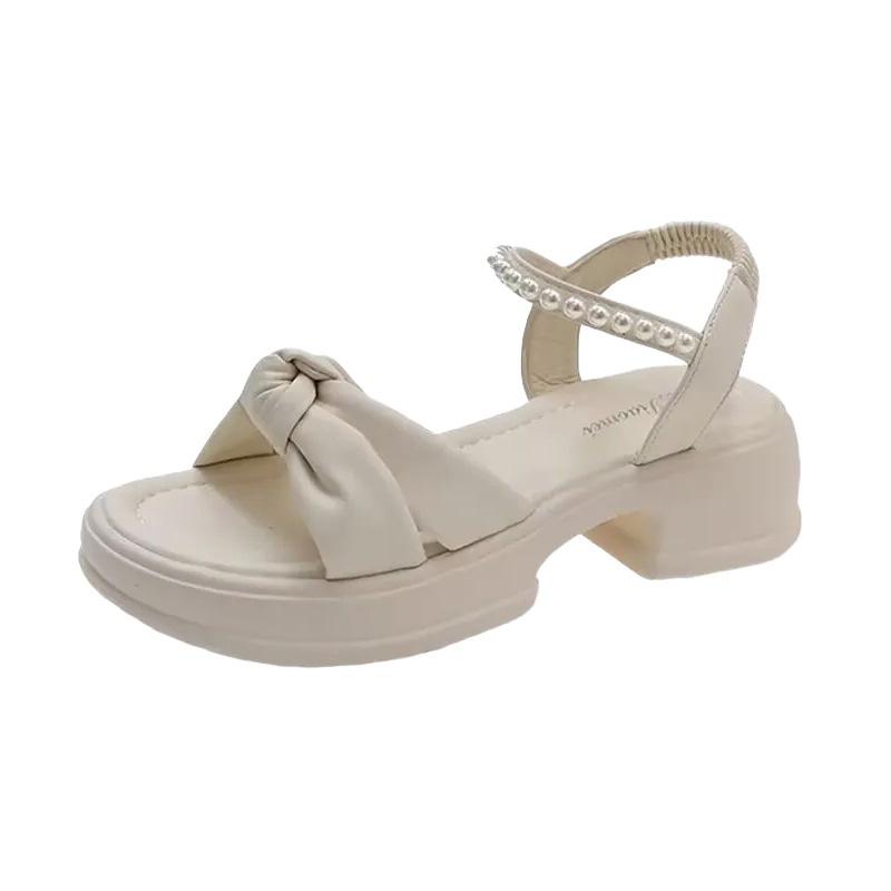 thick-soled pearl sandals, new summer outer wear heightening Roman shoes, bow outer wear soft-soled beach shoes