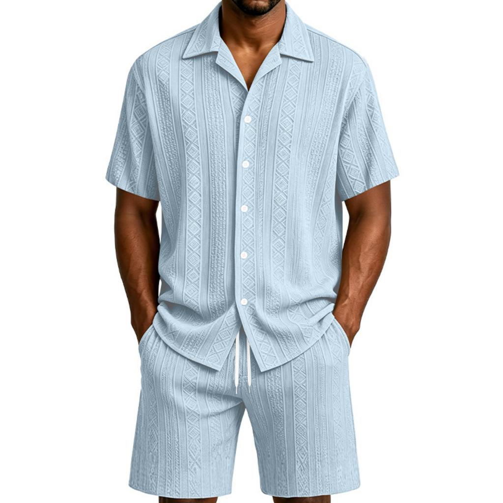 Completo Casual da Uomo a Maniche Corte con Bottoni e Pantaloncini Leggero Traspirante Due Pezzi Adatto per Attività Estive all'Aperto e Tempo Libero