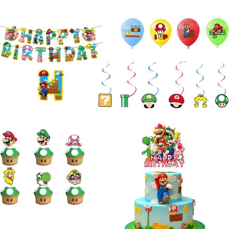 Mario Theme Party Decorations Set Flags, Cake Toppers, Balloons, And Spirals For An Amazing Party Atmosphere!