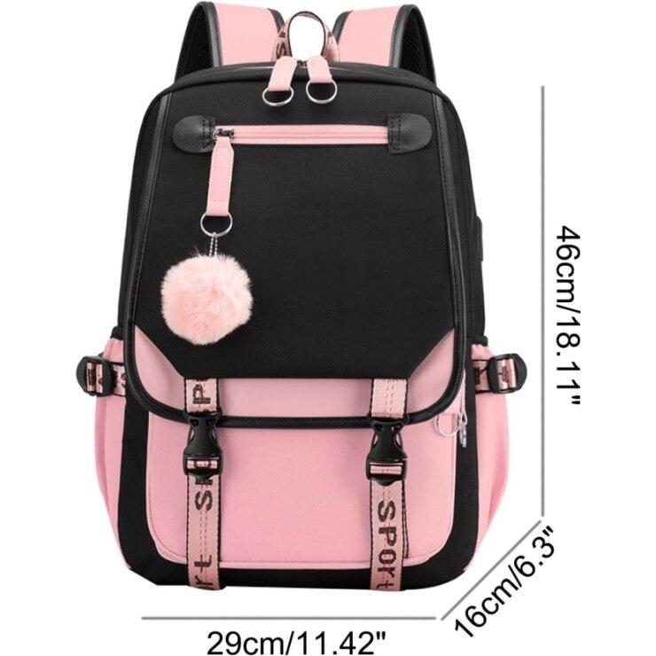 WEPZSXO Girls Backpack Stylish Large Capacity Student Bookbag Travel Pack 29x16x46cm Pink Black Lightweight Durable Polyester