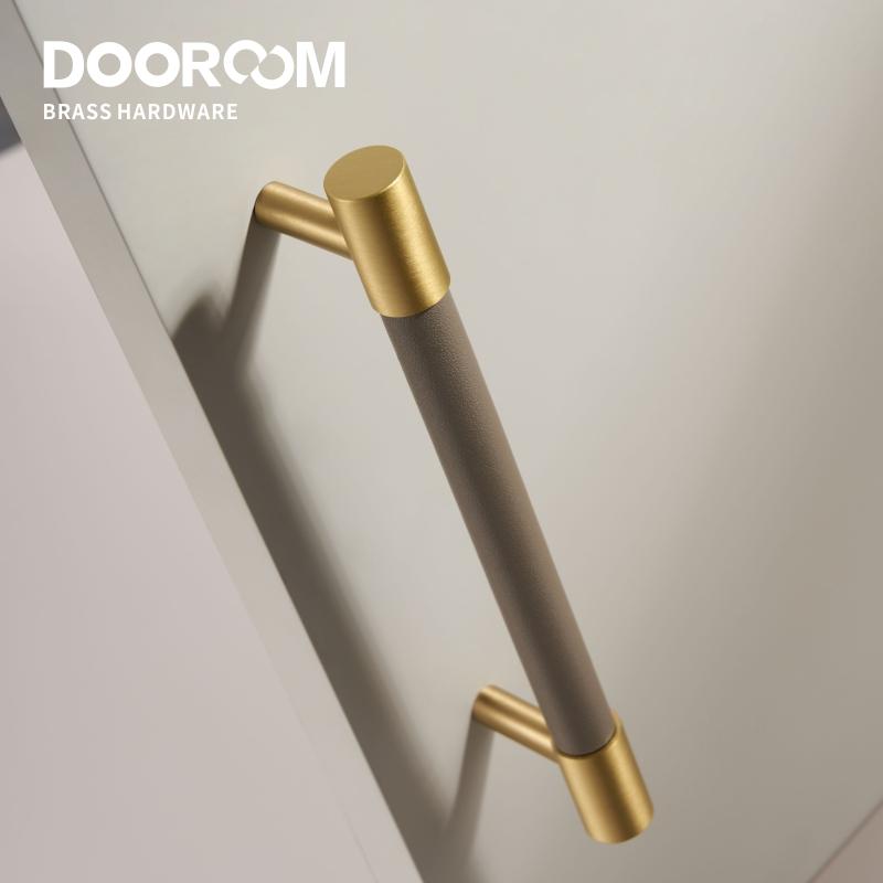 Dooroom Brass Real Leather Furniture Handles Light Luxury Grey Wardrobe Dresser Cupboard Cabinet Drawer Pulls Easy Maintenance